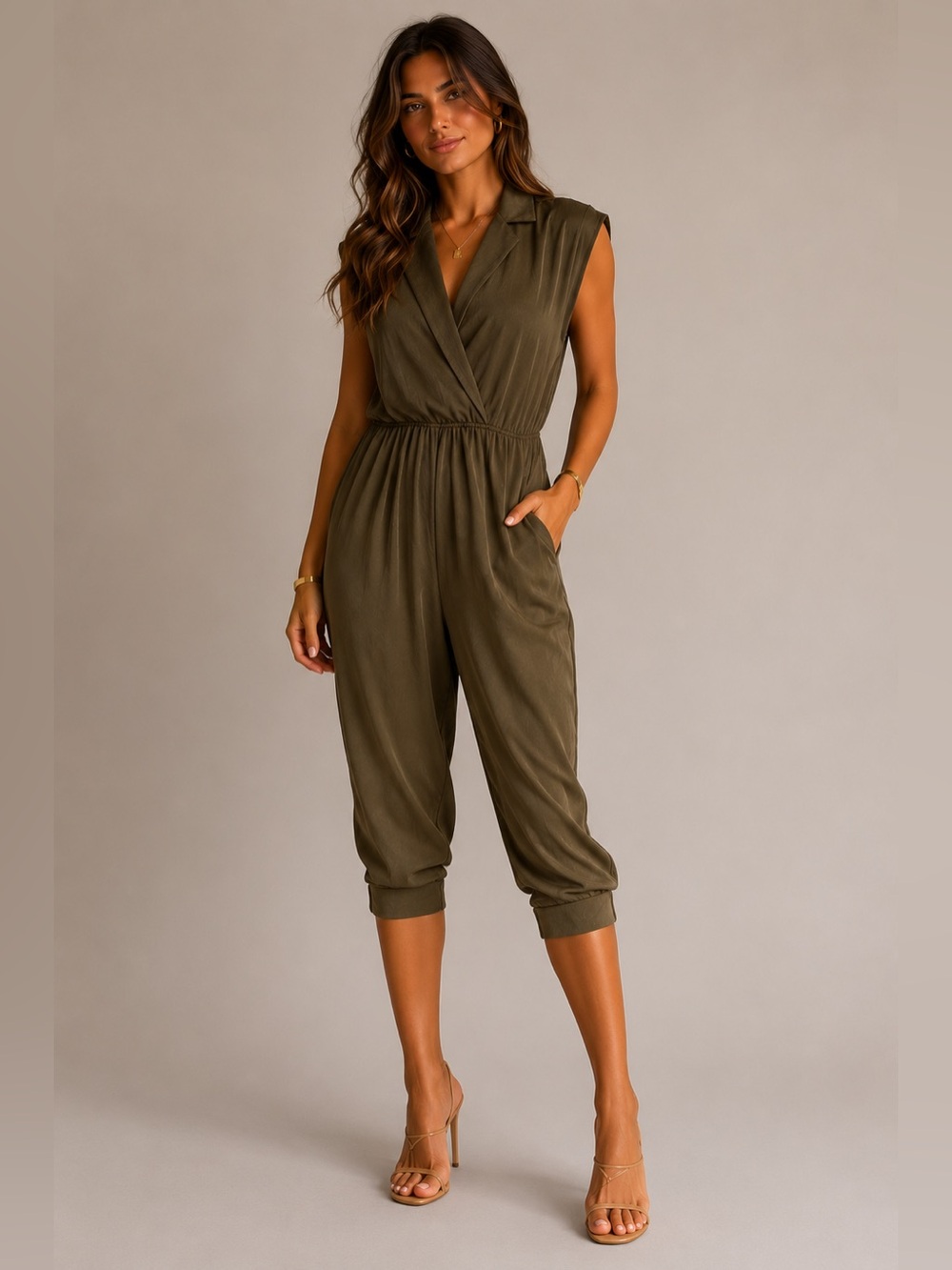 Alice + Olivia Olive Green Sleeveless Wrap-Front Silk Military Jumpsuit Resort